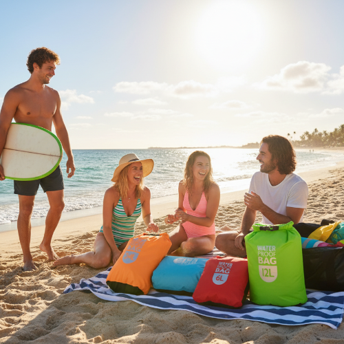 Beach with Blue Dry Bag