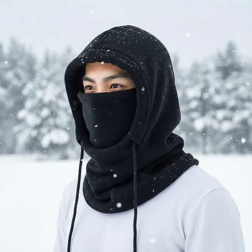 Black 3-in-1 winter thermal hood in snow