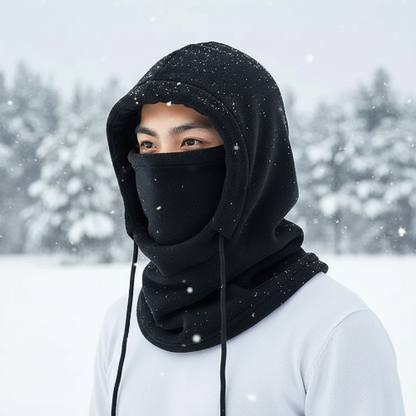 Black 3-in-1 winter thermal hood in snow