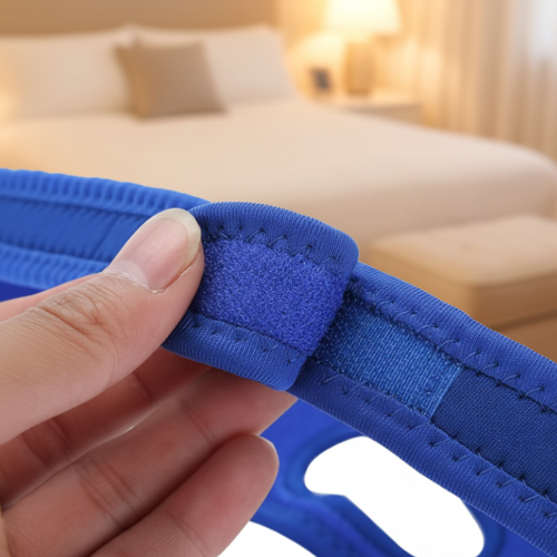 Blue chin strap velcro close-up with bedroom background