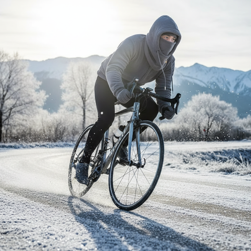 Cycling in cold weather wearing the grey hood