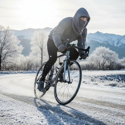 Cycling in cold weather wearing the grey hood