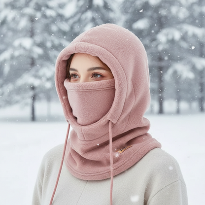 Dusty blush pink 3-in-1 winter thermal hood in snow