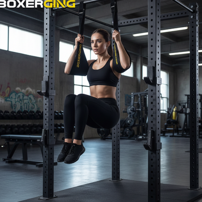 Fit young woman using BOXERGING ab sling straps
