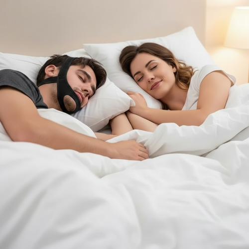 Happy couple sleeping peacefully with black chin strap