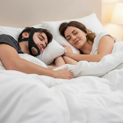 Happy couple sleeping peacefully with black chin strap