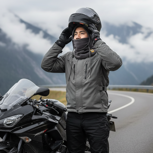 Motorbike rider removing helmet to reveal the 3-in-1 hood underneath