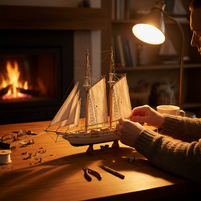 Person building wooden schooner model