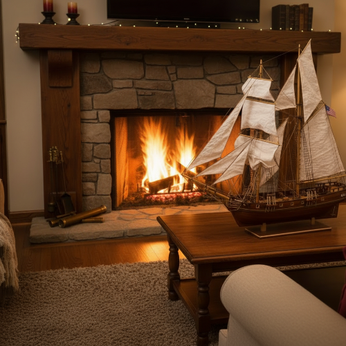 Ship on timber fireplace mantle square