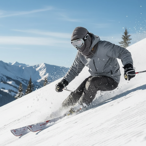 Skiing wearing the grey 3-in-1 hood with goggles