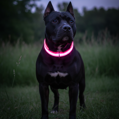 Sleek Black Pit Bull with Pink Glow Collar