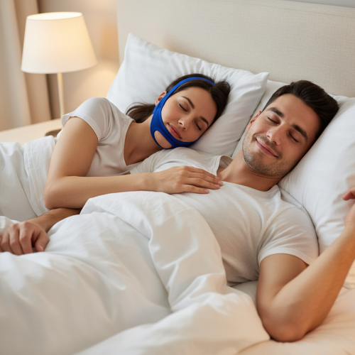 Wife wearing the blue chin strap product, husband sleeping peacefully