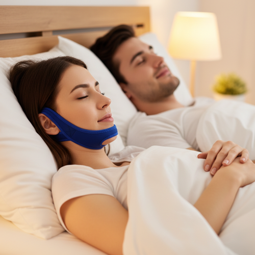 Woman with ears exposed wearing blue chin strap in bedroom