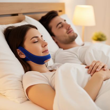 Woman with ears exposed wearing blue chin strap in bedroom